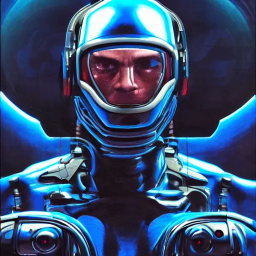 Image similar to Cinematic Imax depiction of an advanced, top of the line cyborg in the style of Jason Edmiston, blue color palette with brightened hues 3840 x 2160