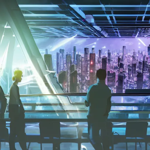 Image similar to large group people in a huge warehouse, looking at hologram of futuristic city on a table | cinematic concept art | sunlight godrays | 4 k | clear details | tabletop model | tabletop model | hologram foreground