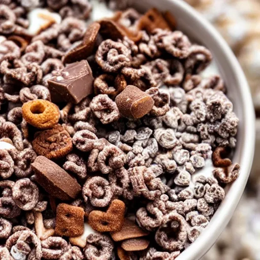 Image similar to a closeup shot of vanilla yoghurt with chocolate cereal. Highly detailed