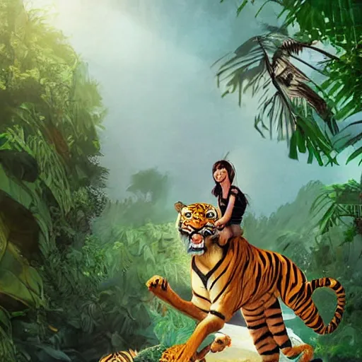 Image similar to girl riding giant tiger in the jungle, trending on artstation