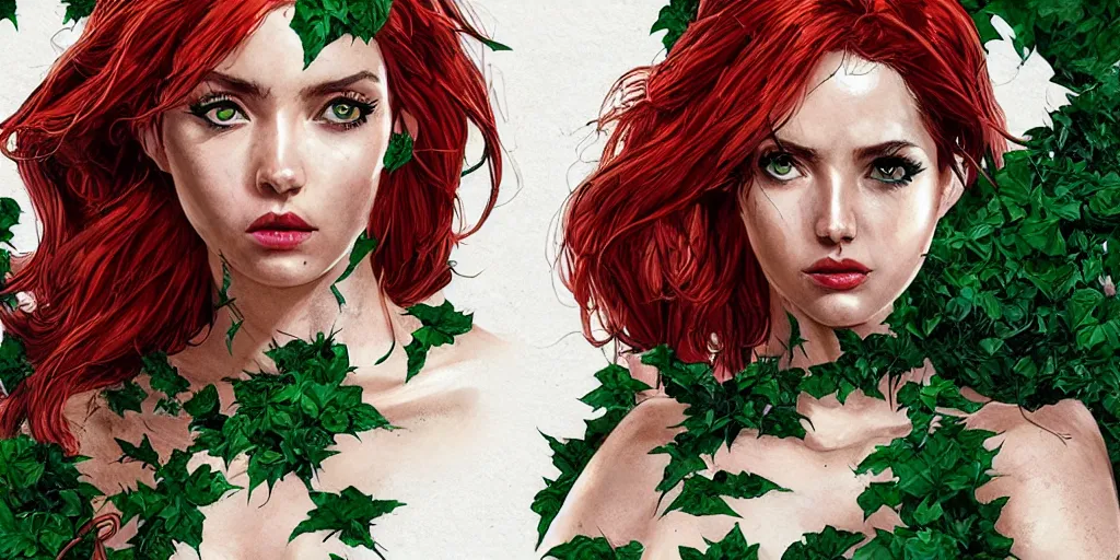 Image similar to ana de armas as poison ivy, character sheet, concept design, contrast, kim jung gi, greg rutkowski, zabrocki, karlkka, jayison devadas, trending on artstation, 8 k, ultra wide angle, pincushion lens effect