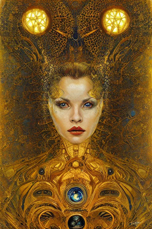 Prompt: Machinery of Fate by Karol Bak, Jean Deville, Gustav Klimt, and Vincent Van Gogh, otherworldly, fractal structures, arcane, prophecy, ornate gilded medieval icon, third eye, spirals