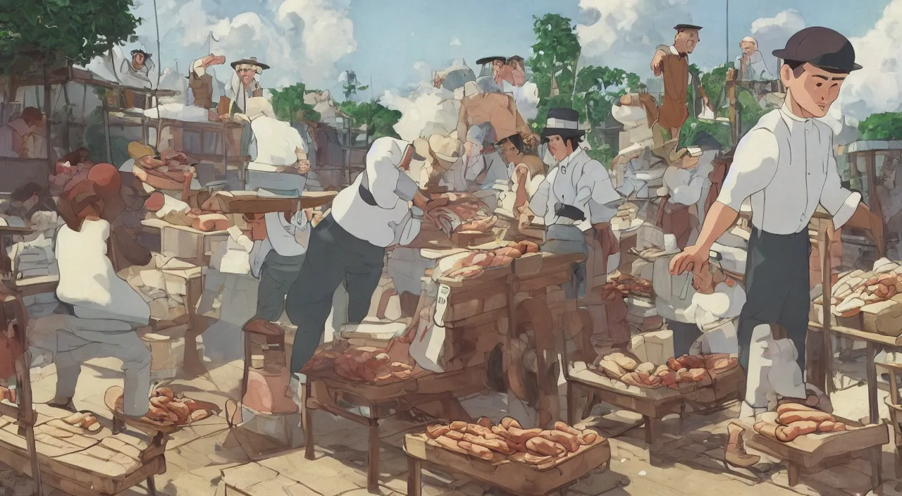 Image similar to ernest shackleton in a crisp white linen shirt and slacks, loading a cart with sausages and hams, havanese dogs running around the cart, cuba, 1 9 0 0, genndy tartakovsky, atey ghailan, goro fujita, studio ghibli, rim light, late morning lighting, clear focus, very coherent