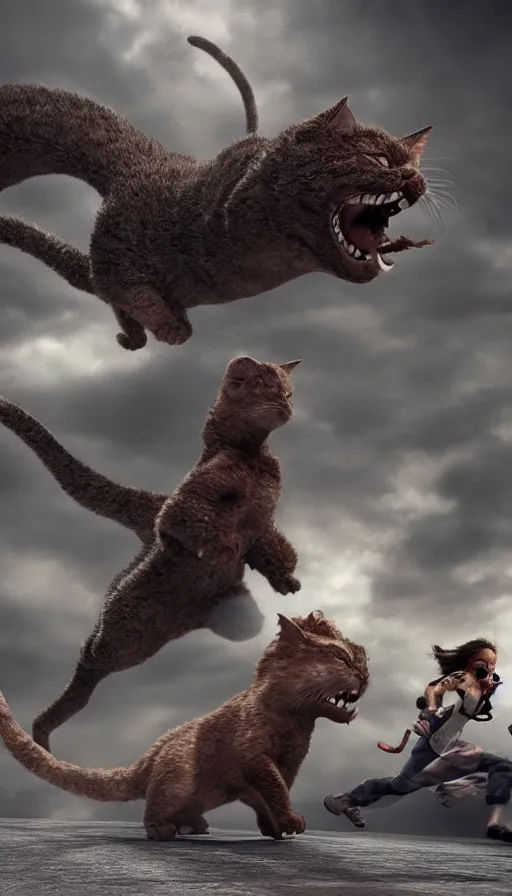 Image similar to people running away from the catzilla. trending on artstation. realistic cinematography, photorealistic, photography, wide shot