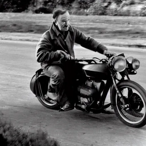 Image similar to gene hackman driving a motorbike