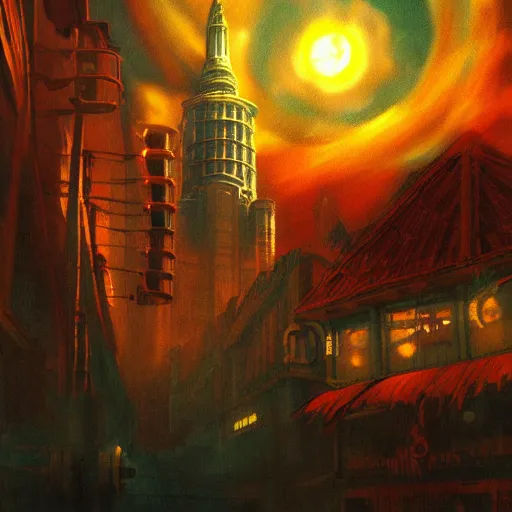 Prompt: a painting of a rapture from bioshock by studio ghibli, golden hour, dreamy, misty, cool, detailed