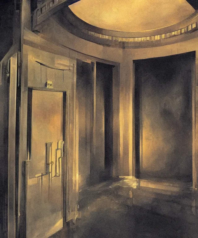 Prompt: horrifying full color photorealistic painting of a 1 9 2 5 hotel elevator opening up to a disorted view of the cosmos, dark, atmospheric, brooding, smooth, finely detailed, cinematic, epic, in the style of lee gibbons