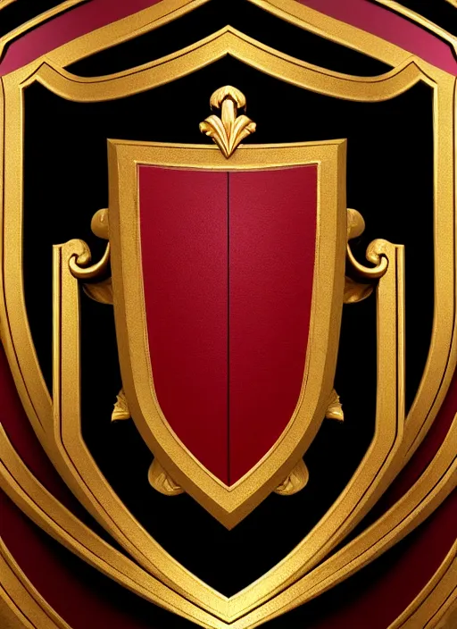 Prompt: black background, a beautiful symmetrical wooden shield decorated with gold, ivory and dark red, front facing view, mirrored, ornamental art, octane render, royal shield