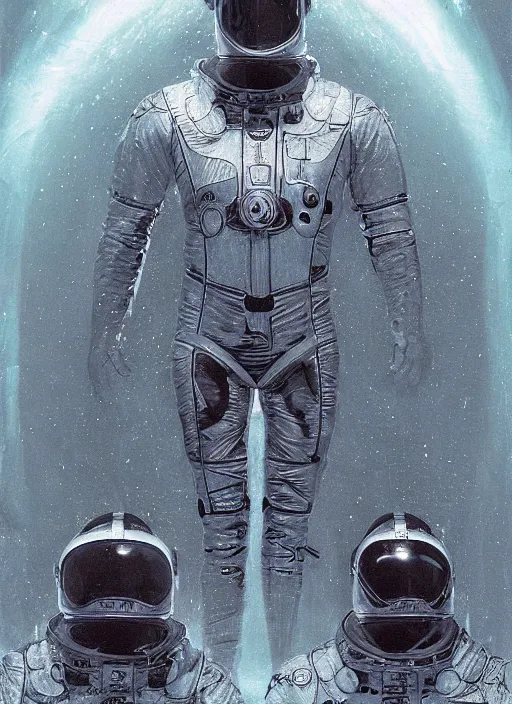 Image similar to symmetrical astronauts in dark and empty void underwater - complex and hyperdetailed technical suit. reflection and dispersion materials. rays and dispersion of light. volumetric light. 5 0 mm, f / 3 2. noise film photo. flash photography. ultra realistic, wide angle. poster by wayne barlowe, hajime sorayama aaron horkey, craig mullins