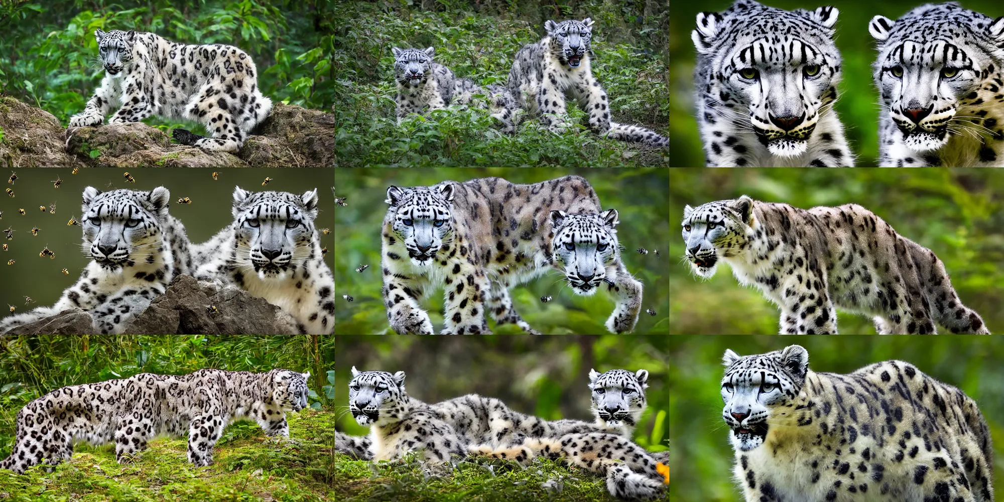 Prompt: nature photography of cyborg snow leopard in a mountain kerala bees flying in the air, there are detailed vegetation and strange plants, the image emotes feelings of power, award winning 4 k hdr photography