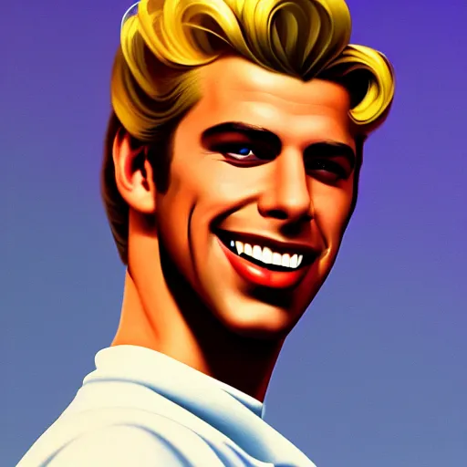 Prompt: a portrait of a beautiful blonde male from Grease (1978), smiling, Edward Hopper style, clear eyes, illustration, soft lighting, soft details, painting oil on canvas, octane render, HDR, trending on artstation, 4k, 8k, HD