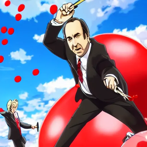 Image similar to saul goodman throwing dart at red ballon, still from anime