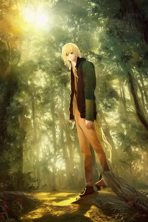 Image similar to pretty young man with long golden blond hair made of shiny and sparkling gold, demure, slender, back view, lost, trees, detailed forest background, webtoon, breathtaking scenery, colourful, 8 k, graphic novel, digital art trending on artstation, volumetric lighting, octane render, cinematic, hyper detailed, magical atmosphere, magical forest, anime