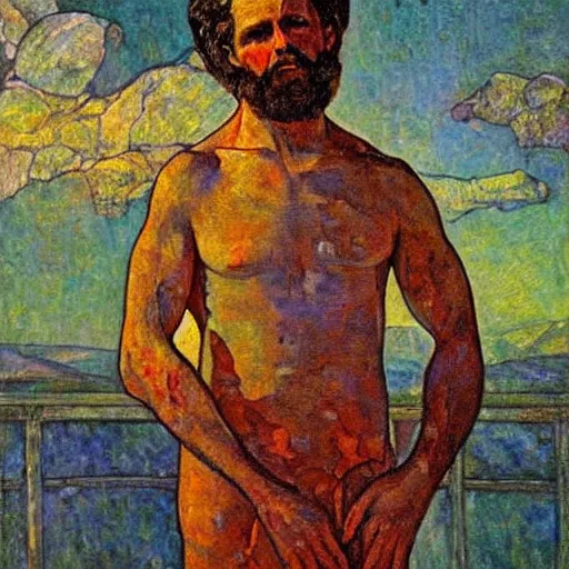 Image similar to Painting. A man with a large head and a small body is floating in the air, his arms and legs flailing. His clothes are tattered and he has a wild look in his eyes. by Louis Comfort Tiffany sad