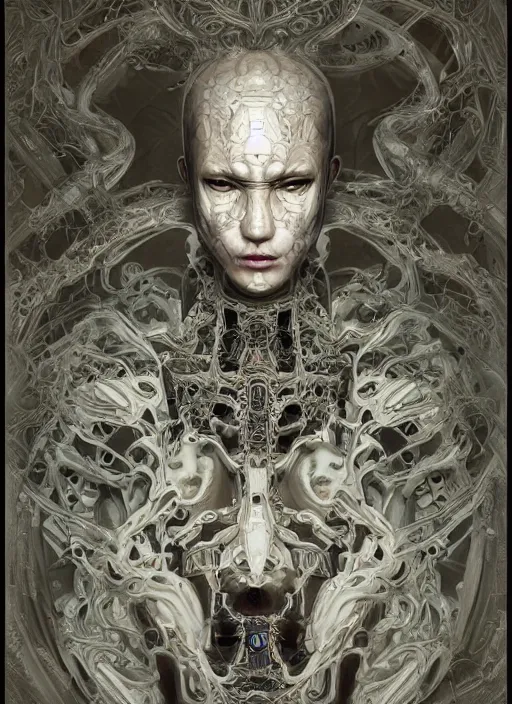 Prompt: portrait of a seductive cybernetic biopunk yakuza, imari, modern fine art, fractal, in the style of ghosts in the machine, intricate ornaments, elegant, highly detailed, digital photography, subsurface scattering, by mc escher and greg rutkowski,