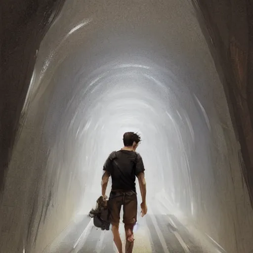 Prompt: A man in shorts walks down a ver long, high walled tunnel, his back is turned, highly detailed, digital painting, artstation, concept art, smooth, sharp focus, illustration, art by greg rutkowski