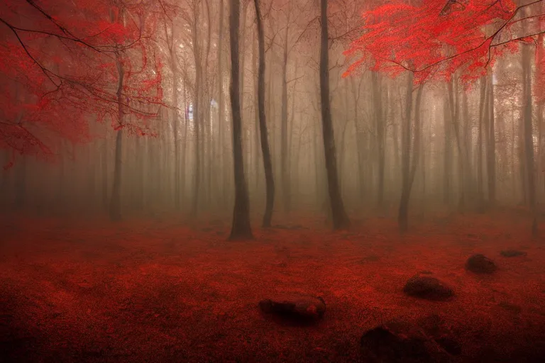 Image similar to deep dark moody forest, red fog on the ground, bleak. big stones, dark mood. mysterious. doom. realistic painting. photobashing, matte painting, highly detailed, autumn, cinematic, hyperralistic, artstation, art brut, dramatic lighting, god rays, clean crisp graphics, smooth sharp focus, extremely detailed, ukiyo - e,