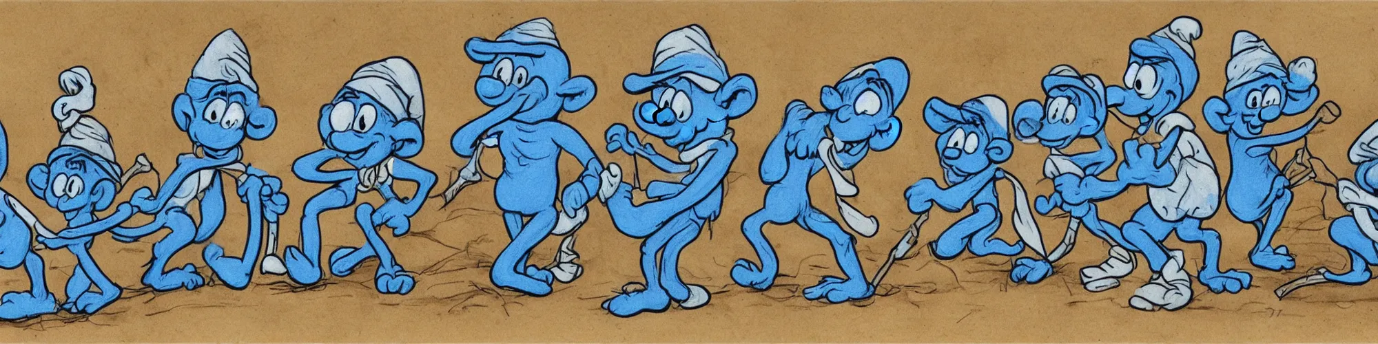 Image similar to in highly detailed color drawing of smurfs and long bones