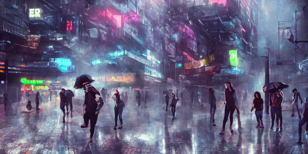 Image similar to cinematic shots of teenagers with tech clothing and hoods and futuristic gas masks making parkour on a dystopian city, neon lights, sci - fi, night lights, rain and haze, concept art, intricate, in the style of katsuhiro otomo, akira, unreal engine