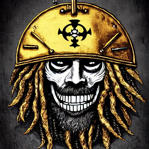 Image similar to a potrait of pirates, king of pirates, gold teeth, crazy hair, wearing armor, flag on his back, 1 6 0 0 century, black beard, one piece, photo realistic, in a circle, nft style, dust, grain, scretch on picture, noise, deep focus, high detail