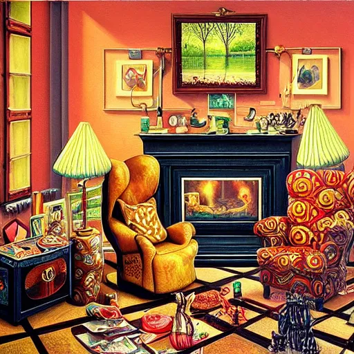 Image similar to a painting of a living room filled with furniture, a surrealist painting by jacek yerka, cgsociety, fantastic realism, maximalist, surrealist, detailed painting