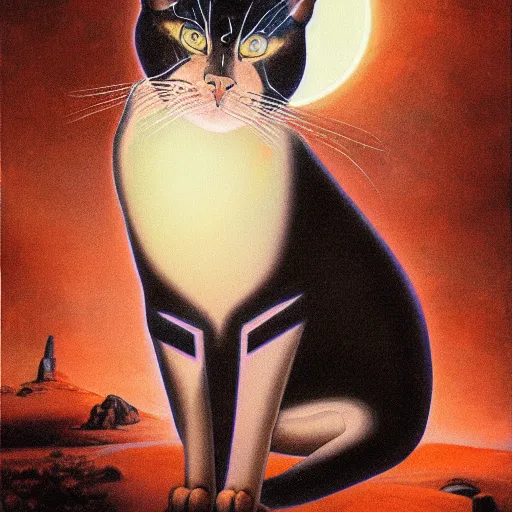 Prompt: the illuminated mystic dark cat, softly lit from behind like a Catholic saint portrait, full moon night, in the desert. Portrait by Paul Bonner, oil on canvas