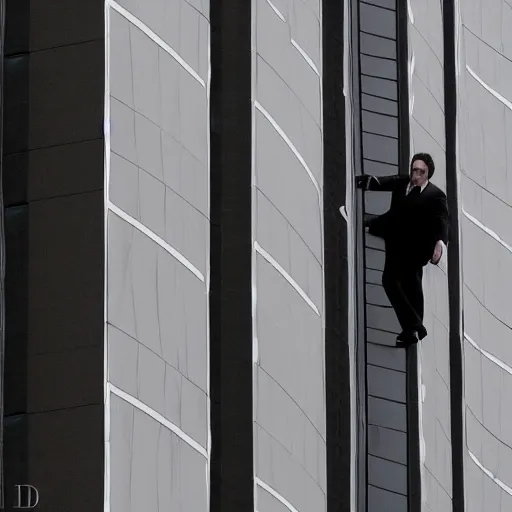 Image similar to Jon Favreau as clean-shaven Happy Hogan wearing a black suit and black necktie and black dress shoes is climbing up the side of a tall building in an urban city. The sky is filled with dark clouds and the mood is ominous.