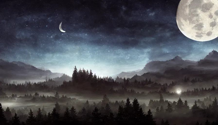 Prompt: a beautiful landscape at night, big moon on the right, stars in the sky, matte painting, dark blue tones, high contrast, intricate details, concept art, 4 k