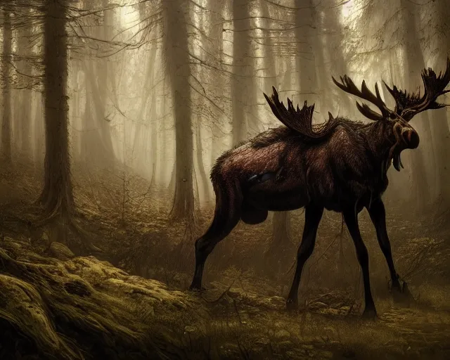 Prompt: 5 5 mm portrait photo of an armored demonic undead rotting moose with red eyes antlers and looking at the camera, in a magical forest. magical atmosphere. art by greg rutkowski and luis royo. highly detailed 8 k. intricate. lifelike. soft light. nikon d 8 5 0.