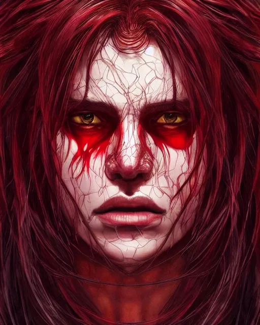 Prompt: brutal close up portrait intense translucent skin vampire, flowing hair, highly detailed, very intricate, graphical errors, going gpu, chromatic aberration, harsh lighting, unreal engine 5, illustration by mandy jurgens and alphonse mucha and yoji shinkawa, black and red only!!!, featured on artstation
