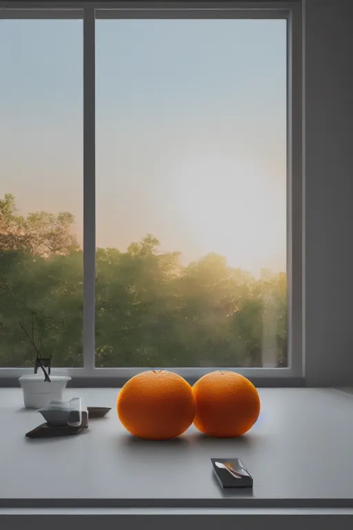 Image similar to a giant cubic orange and yellow crystal on a white table near a window at sunset, hyperrealistic, highly detailed, high qualit, 8K, godrays, warm lighting, path traced, high coherence, calm, macro photo, symmetrical, photorealistic, low contrast, serene landscape, beautiful, geometric, octane render