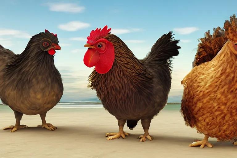 Image similar to photo, old men, two hairy fat ugly fight huge chickens 4 0 1 2 7 on a beach, highly detailed, scary, intricate details, volumetric lighting, front view