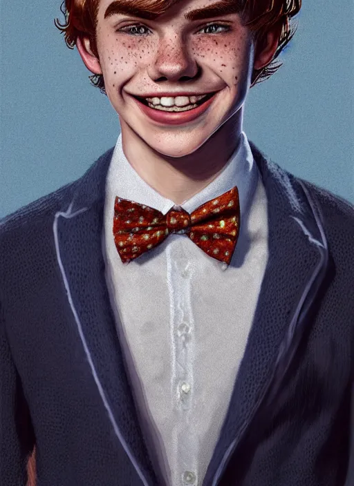 Image similar to portrait of teenage archie andrews, freckles, curly middle part haircut, curly hair, middle part hairstyle, smiling kindly, wearing a bowtie and sweater vest, intricate, elegant, glowing lights, highly detailed, digital painting, artstation, concept art, smooth, sharp focus, illustration, art by wlop, mars ravelo and greg rutkowski