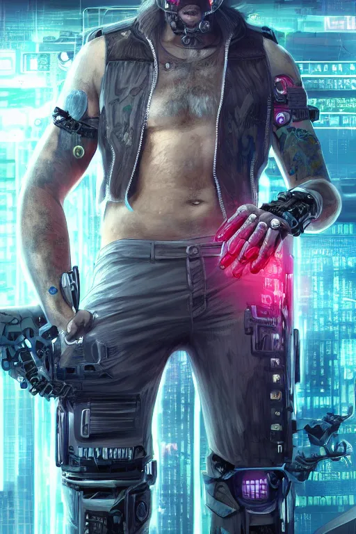 Image similar to a full body illustration of an male cyberpunk character wearing bionic implants, criminal mugshot, long hair, bearded, highly detailed, oil on canvas, soft lighting, neon pastel colors, by WLOP and Greg Staples, HD, 4K