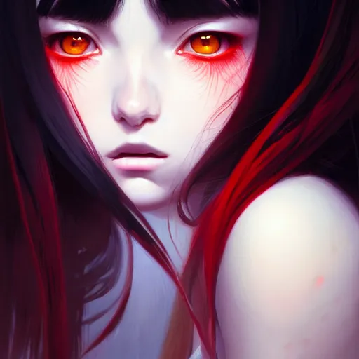 Image similar to a beautiful girl with long black hair and red eyes, sharp focus, intricate, digital painting, artstation, highly detailed, ambient lighting, portrait by Studio Ghibli, Rossdraws, artgerm, Ilya Kuvshinov, and Greg Rutkowski