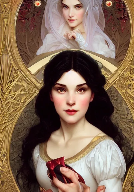 Image similar to snow white, intricate, elegant, highly detailed, digital painting, artstation, concept art, smooth, sharp focus, illustration, art by artgerm and greg rutkowski and alphonse mucha and william - adolphe bouguereau