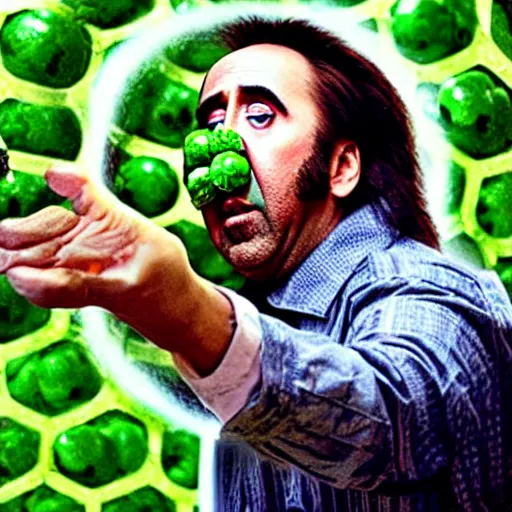 Image similar to nicolas cage trapped in a wicker cage with peas on his face, screaming, movie still, hdr