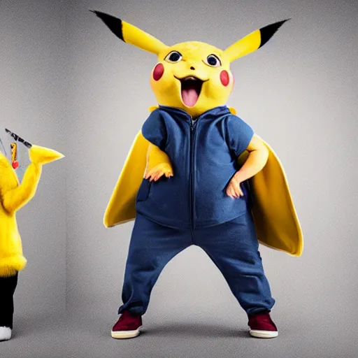 Prompt: portrait sneezing mid - sneeze detective sneezing pikachu mid - sneeze wiping face with rag at a photoshoot studio lighting