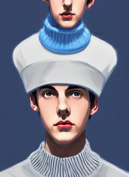 Image similar to portrait of teenage jughead jones wearing a light grey crown, crown, blue turtleneck, 1 9 5 0 s, closed eyes, photorealistic, black hair, glowing lighting, intricate, elegant, glowing lights, highly detailed, digital painting, artstation, concept art, smooth, sharp focus, illustration, art by wlop, mars ravelo and greg rutkowski