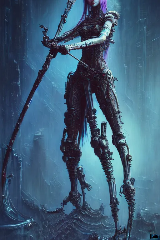 Prompt: a highly detailed long shot photo of cyberpunk female character by ayami kojima, elf, beksinski, giger, elf, wielding scythe, intricate, digital painting, artstation, concept art, smooth, sharp focus, full body