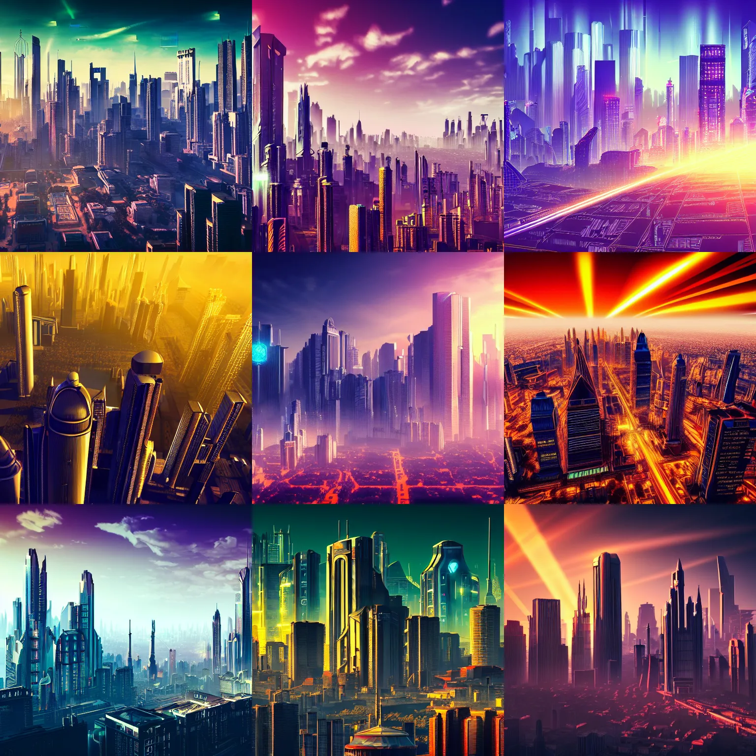 Prompt: detailed photo of a beautiful skyline with cyberpunk Art Deco buildings, parks and monuments, god rays, high detail, 4K