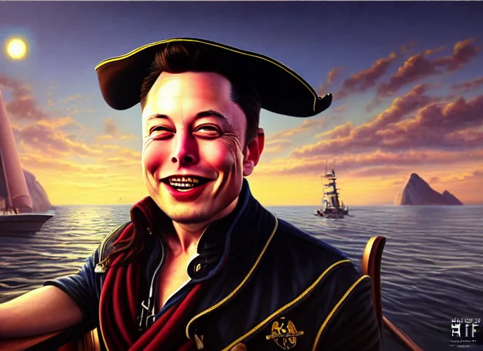 Image similar to highly detailed painting of a grinning Elon Musk as a pirate captain, proudly posing at the helm of his frigate wearing a pirate hat at dusk, artstation, cinematic lighting, hyperdetailed, cgsociety, 8k, high resolution, insanely detailed and intricate, concept art, smooth, sharp focus, illustration, art by John Philip Falter, Art Nouveau, masterpiece