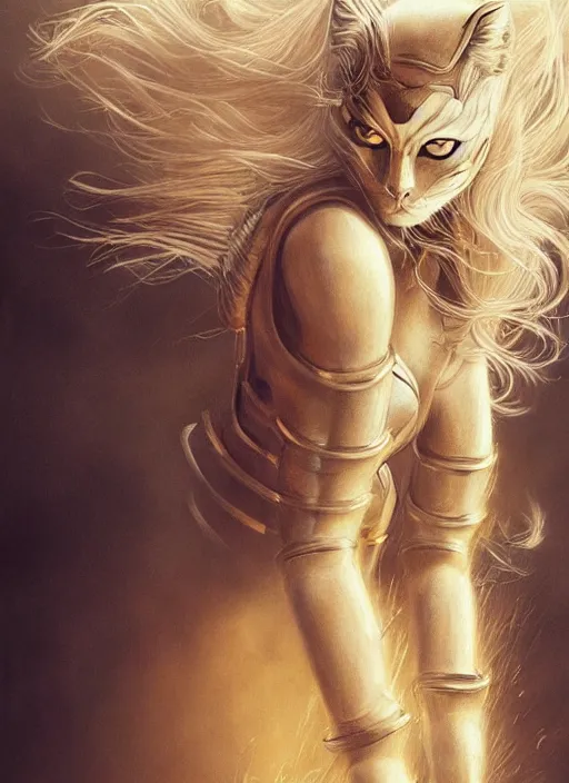 Image similar to golden pencil drawing of beautiful robot - cat woman face, goddess, beautiful blonde hair flying in the wind, hyper realistic face, in the style of greg rutkowski, fantasy, amazing detail, epic, elegant, smooth, sharp focus, from the front