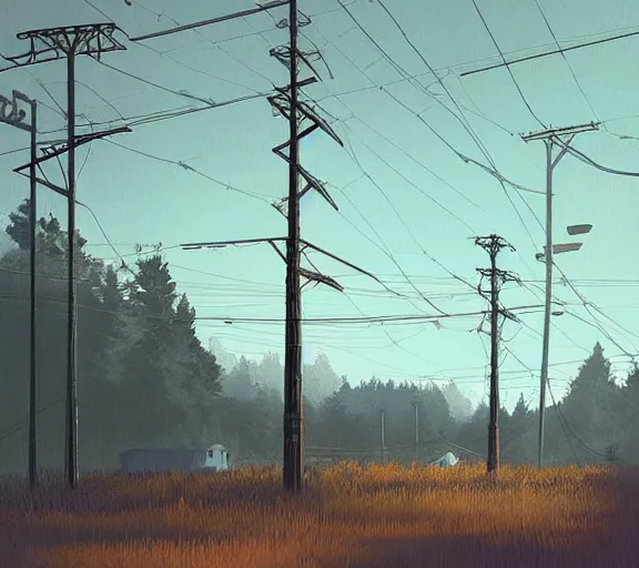 Image similar to realistic powerlines, by simon stalenhag