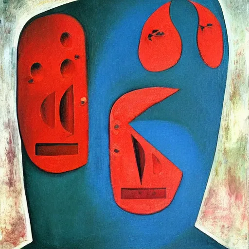 Image similar to Oil painting by Rufino Tamayo. Mechanical gods with bird faces kissing. Oil painting by Willem de Kooning.