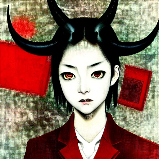 Image similar to yoshitaka amano blurred and dreamy realistic three quarter angle horror portrait of a sinister young woman with short hair, horns and red eyes wearing office suit with tie, junji ito abstract patterns in the background, satoshi kon anime, noisy film grain effect, highly detailed, renaissance oil painting, weird portrait angle, blurred lost edges