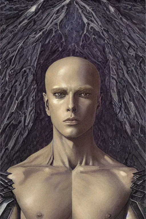 Image similar to portrait of beautiful gothic and futuristic young man, warcpace, cyber and rocks armor, a lot of more and more scars, thunderstorm, blueack with white head, the middle ages, highly detailed, artstation, illustration, more and more composision, 8 k quality, art by jean delville, rene magritte