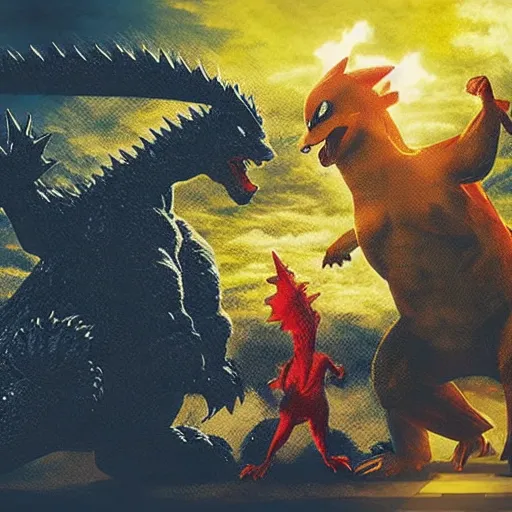 Prompt: pikachu fighting godzilla art