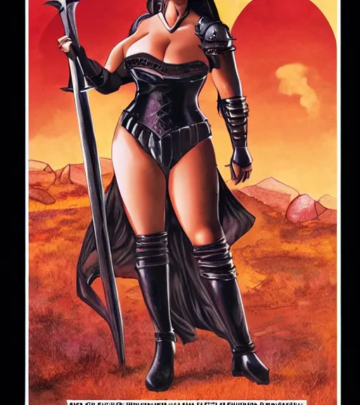 Image similar to 1 9 8 0 s fantasy novel book cover, bbw plus size amazonian sophie turner in extremely tight bikini armor wielding a cartoonishly large sword, exaggerated body features, dark and smoky background, low quality print