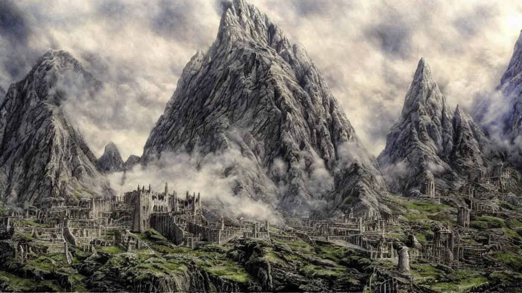 Image similar to beautiful helms deep, by alan lee, intricate, smoke trails, lord of the rings calendar, smooth, detailed terrain, oil painting